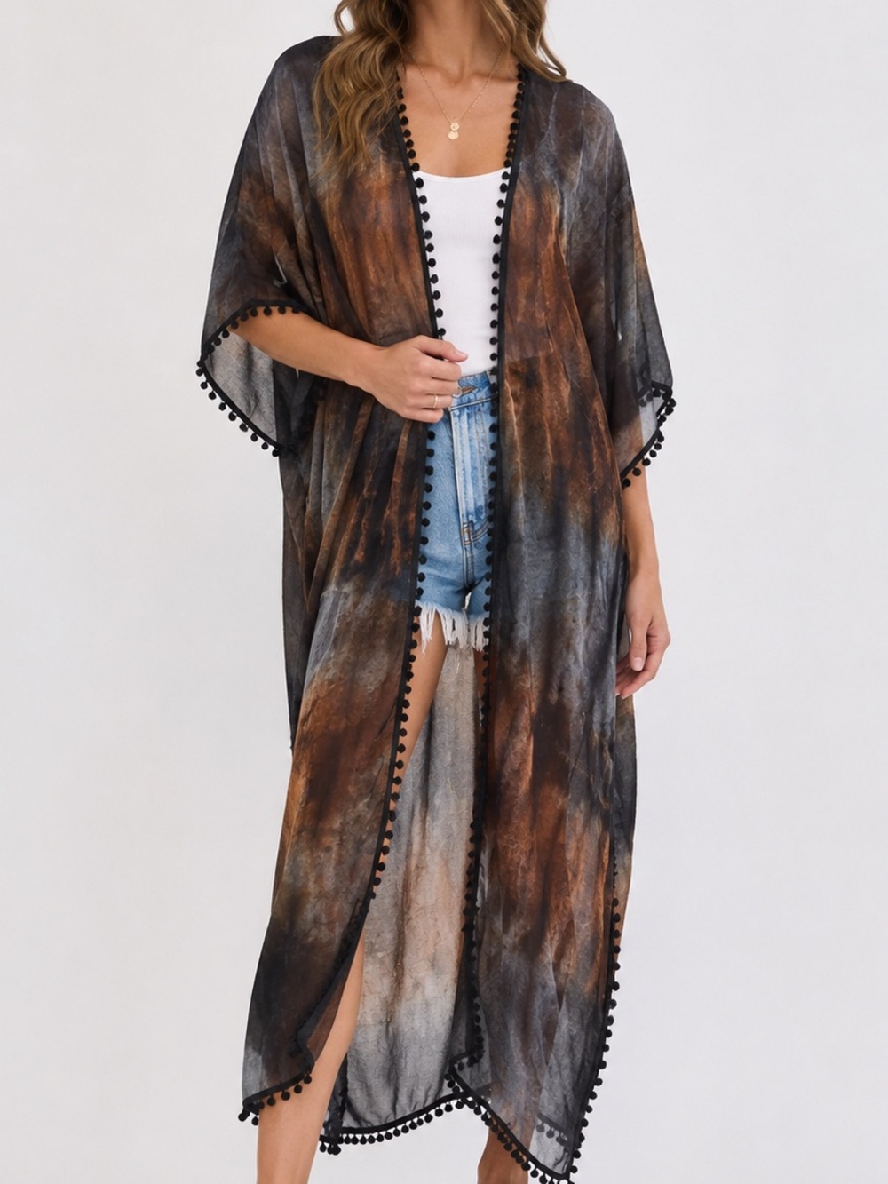 Natural Life Tie Dye Kimono One Size Boho Pom Pom Trim Duster